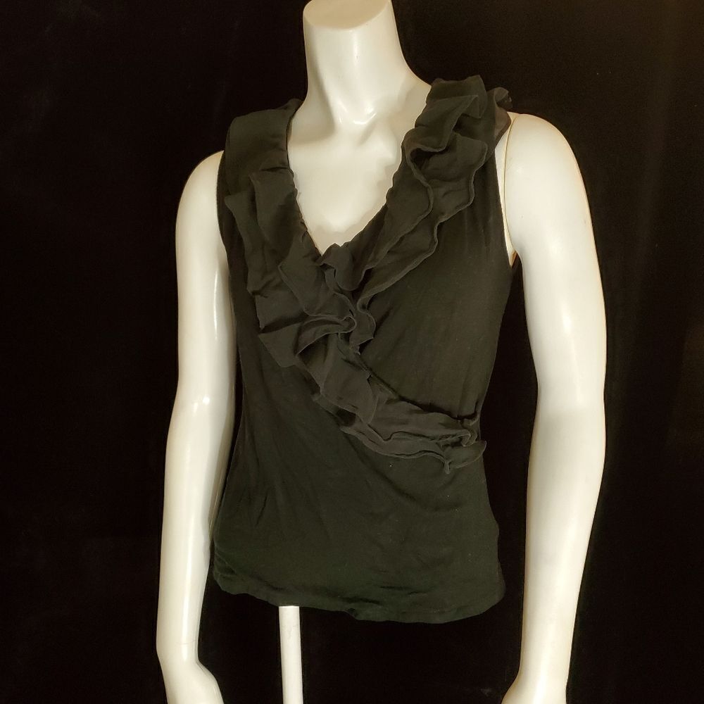 Lauren Ralph Lauren Petite Black Ruffle Faux Wrap Tank Top (P/S)